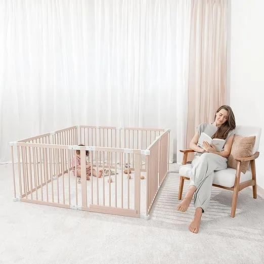 Baby Playpen & Baby Gate for Toddler and Babies, Foldable Wooden Large Shape & Size Adjustable Playard, Play Fence with Locking Gate Activity Center, Toddler Fence Play Area, Blush by Comfy Cubs
