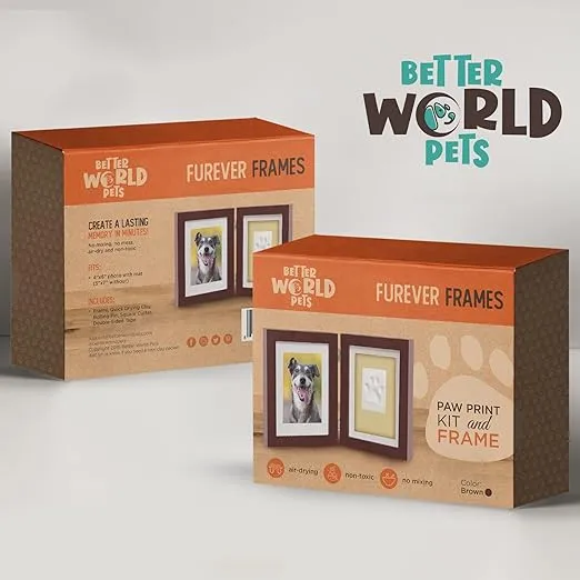 Paw Print + Photo Keepsake Frame Holds 4 x 6 inch or 5 x 7 Picture – Memorial Clay Imprint Kit – for Dogs and Cats – Perfect for Pet Lovers – Hinged for Desktop, Brown