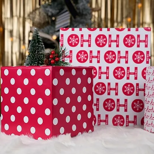LaRibbons Christmas Wrapping Paper Sets, Classic HO HO Santa & Plaid & Polka Dot Design with Ribbons & Gift Tags & Metallic Pom Pom for Christmas, Holiday,30Inch × 10Feet( 4 Rolls: 100 Sq.Ft.Ttl)