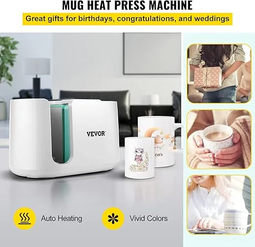 VEVOR Mug Press Machine, Automatic Mug Heat Press for Sublimation 11-15oz, Coffee Cup Transfer Printing, DIY Presents Gifts White