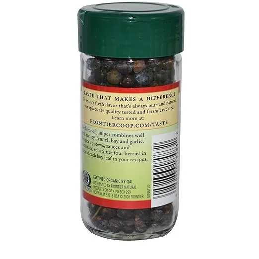 Frontier Co-op Organic Whole Juniper Berries, 1.28 Ounce Bottle, Rich and Piney for Soups, Marinades, Pickling and Sauerkraut