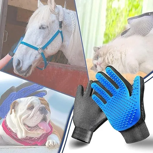 Pet Grooming Glove Hair Remover Brush Gentle Deshedding Efficient Pet Mitt Pet Massage Gloves Left & Right Hand Draw Dogs Cats Horses Long Short Fur (1Pair Left & Right Hand (Blue))