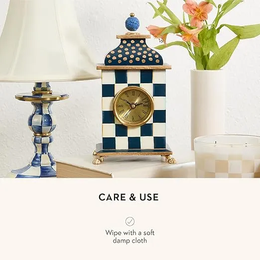 MACKENZIE-CHILDS Desk Clock, Decorative Wood Clock for Kitchen and Living Room, Blue-and-White Royal Check