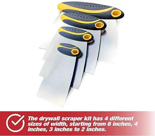 4-Piece Set of Stainless Steel Body Filler and Putty Spreaders/Scraper Set with Handles - Sizes: 2", 3", 4" and 6" | Repairing Drywall, Removing Wallpaper, Applying Putty, Plaster, Cement, Adhesive