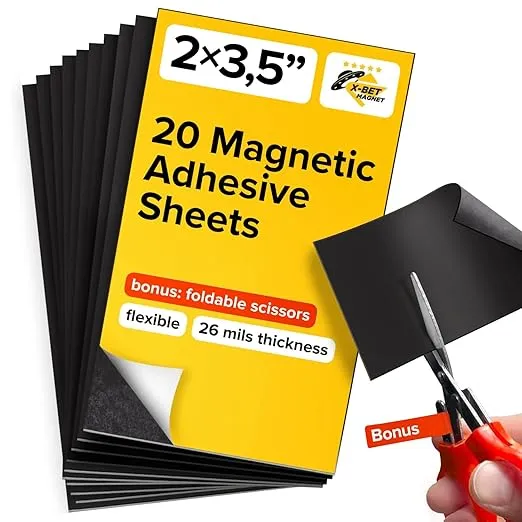 X-bet MAGNET Magnetic Sheets with Adhesive Backing - 20 PCs Each 2” x 3.5” - Flexible Magnet Sheets with Self Adhesive - Sticky Magnetic Paper for Photo and Picture Magnets - Craft Magnet Stickers