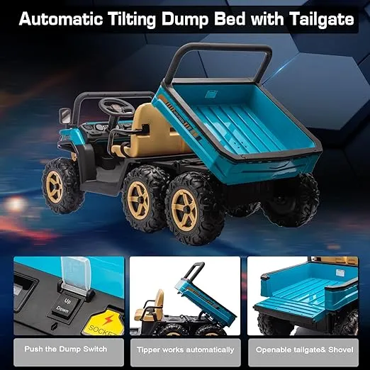 24V Ride on Truck, 2 Seater Ride-on UTV with Large Electric Dump Bed, 6 Wheels Ride on Tractor Car for Kids with Remote Control, 4WD Ride on Toys with Music for Toddler Boys Girls, Blue