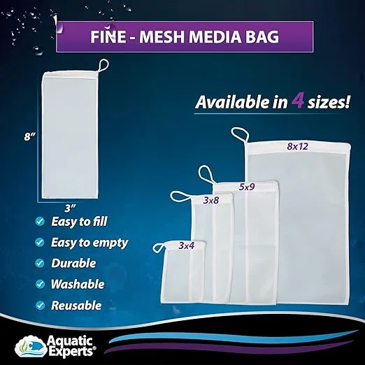 Aquatic Experts Fine Aquarium Media Bag - Durable Filter Bags for Fish Tank, Secure Drawstring Filter Media Bag, Media Bags for Aquarium (Fine, 3"x 8" - 8 Pack)