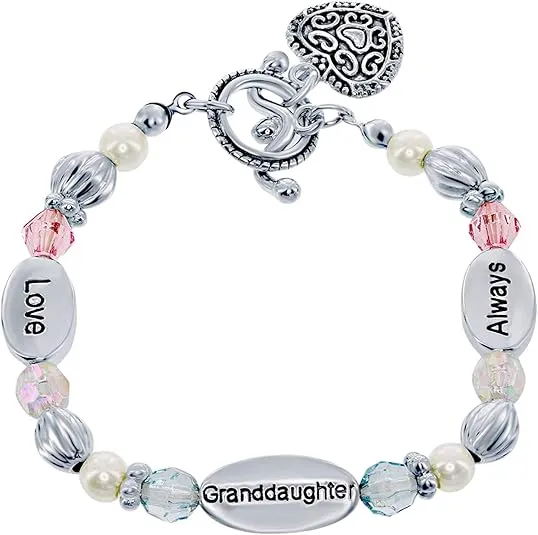 Beaux Bijoux Granddaughter Gift - Stretch Heart Charm Bracelet - Gift Boxed with Sentimental Card - 'Love Granddaughter Always' with Beads & Synthetic Pearls