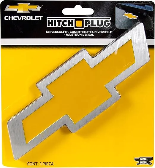 Plasticolor 002207R01 Chevy Bowtie Style Brushed Aluminum Hitch Plug, yellow