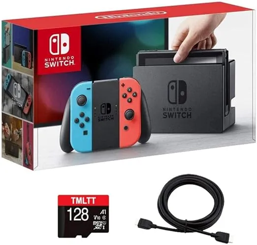 Nintendo Newest Premium Switch Console Holiday Family Bundle - Nintendo Switch with Neon Blue and Neon Red Joy‑Con with TMLTT HDMI Cable + 128GB MicroSD Card