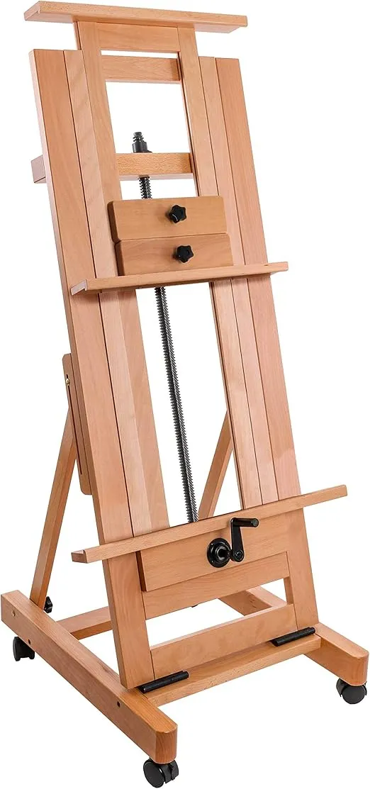 U.S. Art Supply Double Rocker Crank Heavy Duty Extra Large Wooden Studio Floor Easel - Sturdy Double Mast Adjustable H-Frame - Beech Wood Artist Painting Canvas Holder Stand - Locking Caster Wheels