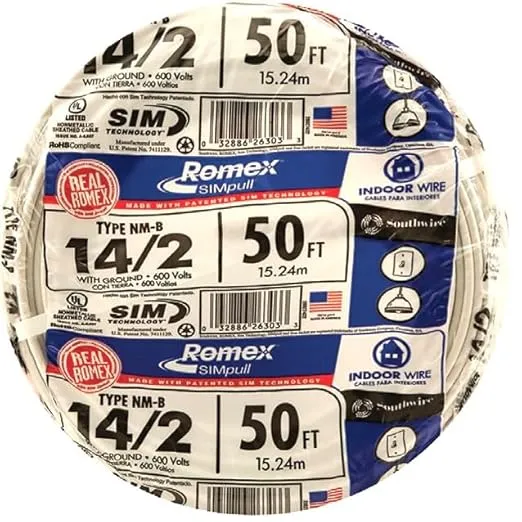 Southwire Romex Brand Simpull Solid Indoor 14/2 W/G NMB Cable 50ft coil - SW# 28827422