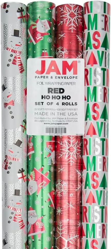JAM Paper Assorted Gift Wrap - Christmas Foil Wrapping Paper - 100 Sq Ft Total - Snowman & Santa Set - 4 Rolls/Pack