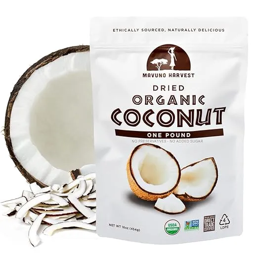 Mavuno Harvest Coconut Chips Dried Fruit Snack | Unsweetened Organic Dried Coconut Strips | Gluten Free Snack | Healthy Snacks for Kids & Adults | Vegan, Non GMO, Direct Trade | 1 Pound Resealable Bag