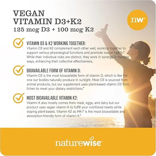 NatureWise Vitamin D3 + K2 with Plant Based Vitamin D 5000IU & 100mcg Vitamin K2 as MK-7 - Max Absorption - Vegan Non-GMO - Immune Support - with Extra Virgin Olive Oil - 60 Softgels[2-Month Supply]