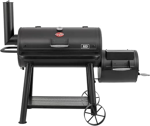Char-Griller® Grand Champ Charcoal Offset Grill and Smoker, Premium Heavy Duty Steel, Folding Front Shelf, Barrel Grill with Side Firebox, Black, Model 8250