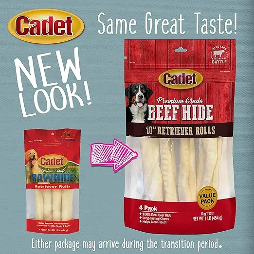 Cadet Premium Grade Beef Hide for Dogs, Long Lasting Rawhide Retriever Rolls, Single Ingredient Dog Chews, Beef Hide Flavor, 10 Inch (4 Count)