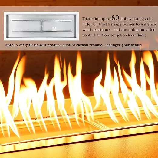 Uniflasy 36" by 12" Drop-in Fire Pit Pan Burner Kit, Stainless Steel Propane Rectangular Firepit Pan Insert with H-Burner, Spark Ignition Propane Hose Kit Fire Pit Table Insert for Indoor or Outdoor