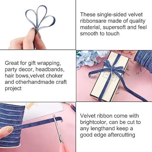 Pandahall 50 Yards Velvet Ribbon 3/8Inch Wide Single Face Velvet Ribbon Roll with Spool for Gift Wrapping Decoration Party Wedding Arts Crafts (Marine Blue)