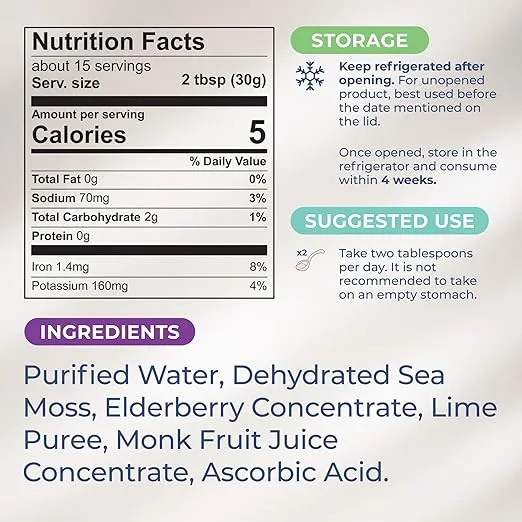 TrueSeaMoss Wildcrafted Irish Sea Moss Gel - Made with Dried Seaweed & Fresh Sea Vegetables, Seamoss - Made in USA (Elderberry, Pack of 1)
