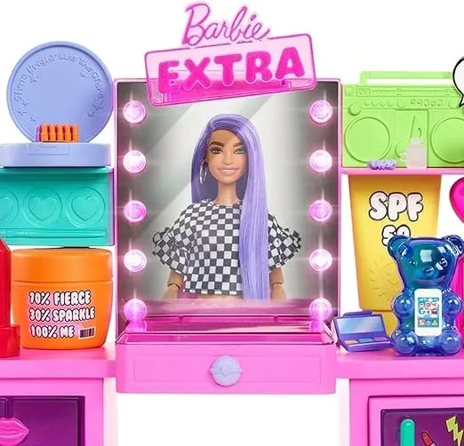 Barbie Extra Doll & Vanity Playset with Exclusive Doll, Pet Puppy, 45+ Pieces Including Clothes & Accessories, Toy Gift for Kids 3Y+, GYJ70