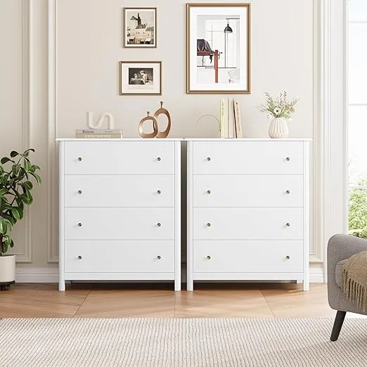 HOUSUIT White Dresser with 4 Drawers, Modern Dresser Chest of Drawers, 4 Drawer Dresser, Tall Wood Dresser Storage Cabinet for Living Room, Entryway, Hallway, Ivory White