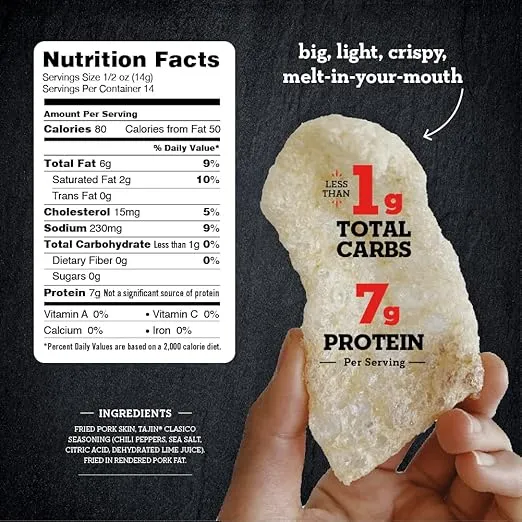 4505 Meats Tajin, Chicharrones, Fried Pork Rinds, Keto Certified, Family Size Bag, 14 Servings, 7 Ounce Bag