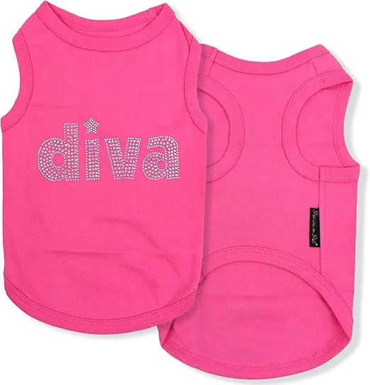 Parisian Pet Dog T-Shirt with Embroidered ' Diva' - Breathable Pink Dog Shirt - Sleeveless Pet Vest - Machine Washable Dog Clothes for Medium-Sized Dogs M