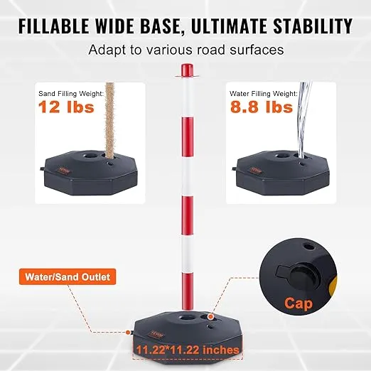 VEVOR Adjustable Traffic Delineator Post Cones, 6 Pack, Traffic Safety Delineator Barrier with Fillable Base 6.6FT Chain, for Traffic Control Warning Parking Lot Construction Caution Roads, Red&White