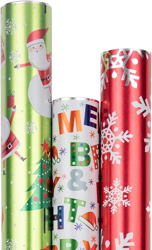 JAMPaper Assorted Gift Wrap - Christmas Foil Wrapping Paper - 75 Sq Ft Total - Colorful Frosted Holidays Set - 3 Rolls/Pack