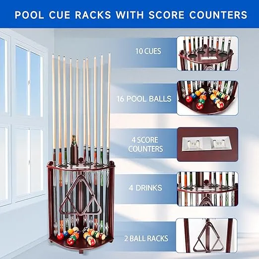 GSE Games & Sports Expert Billiards Pool Stick Holder Only, Corner-Style Floor Stand Pool Cue Racks with Score Counters, Holds 10 Cue Sticks, 2 Ball Racks and Full Set of Balls (Mahogany)