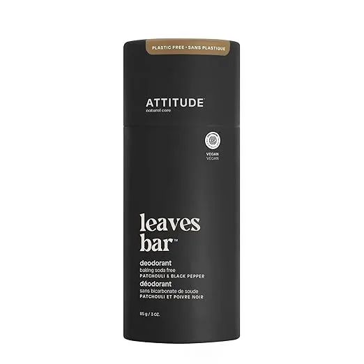 ATTITUDE Plastic-Free Deodorant, Aluminum Free, Baking-Soda Free, EWG Verified Body Care, Vegan and Cruelty-free, Patchouli and Black Pepper, 3 Ounces