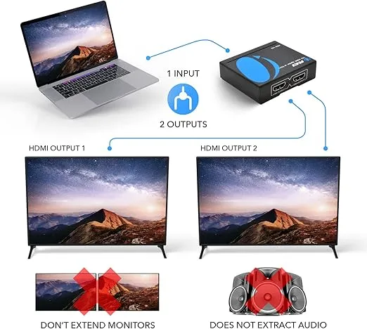 OREI 4K 1 in 2 Out HDMI Splitter Duplicate/Mirror Only UltraHD 4K @ 30 Hz 1x2 WILL NOT BYPASS HDCP HDMI Supports 3D Full HD 1080P for Xbox, PS4 PS3 Fire Stick Blu Ray Apple TV HDTV - Adapter Included