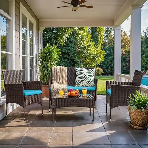 Homall 4 Pieces Patio Rattan Chair Wicker, Outdoor Indoor Use Backyard Porch Garden Poolside Balcony Furniture Sets (Blue)