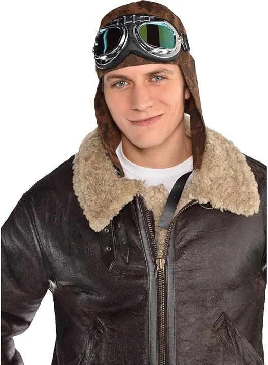 Party City Aviator Hat & Goggles Accessory Set Costume for Adults - Costume Includes Brown Faux Suede Bomber Hat & Goggles with Tinted Lenses - Costumes for Halloween, Birthday Parties & Themed Events