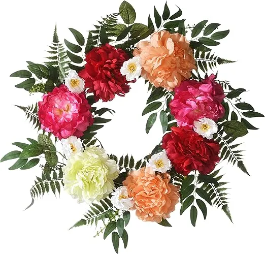 National Tree Company Artificial Hanging Wreath, Woven Vine Stem Base, Decorated with Flower Blooms, Leafy Greens, Spring Collection, 22 Inches