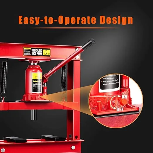 Goplus 12 Ton Hydraulic Shop Floor Press, Steel H-Frame Shop Press with Steel Plates Adjustable Working Table, Floor Stand Jack for Gears and Bearings