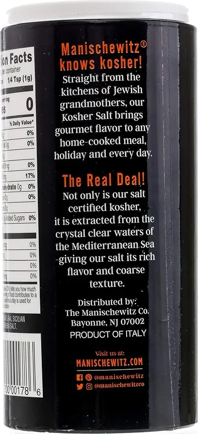 Manischewitz Premium Kosher Salt, Coarse Sea Salt, 16oz (1 Pound) Easy Pour Canister, Product of Italy, Pure Mediterranean Sea Salt. The Perfect Salt Grinder Refill!