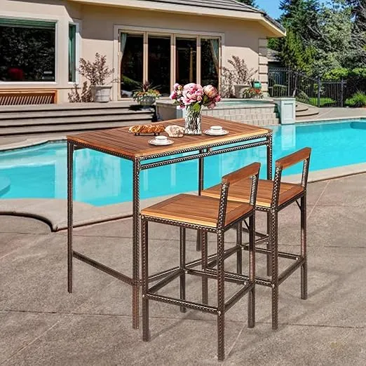 RELAX4LIFE 3-Piece Outdoor Bar Table Set, PE Rattan Wicker Bar Height Dining Table w/Acacia Wood Top & 2 Bar Stools Chairs w/Backrest Footrest, 3PCS Patio Bistro Set for Backyard Porch Poolside Garden