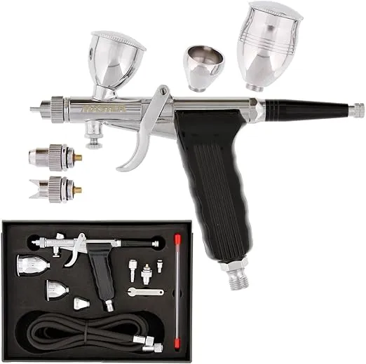 Master Airbrush Model G77 Pistol Trigger Fixed Dual-Action Gravity Feed Airbrush, 2 Nozzle Sets (0.3 & 0.5mm), Spray Gun Fan Head, Round Pattern Head, 3 Cup Sizes, 6' Hose - Auto Graphics, Art, Hobby