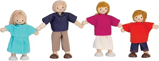 PlanToys Wooden Dollhouse Family- Mom, Dad, Son, and Daughter (7415) | Sustainably Made from Rubberwood and Non-Toxic Paints and Dyes