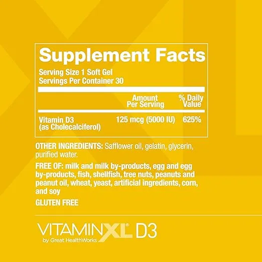 OmegaXL VitaminXL D3 High Potency Daily Vitamin D 5000 IU 125mcg Immune Support Supplement - Promotes Healthy Muscle Function & Strong Bones - Non-GMO, Gluten-Free - 30 Softgels