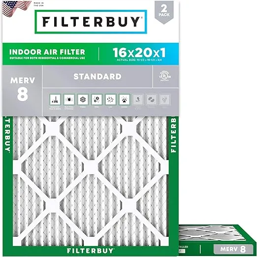 Filterbuy 16x20x1 Air Filter MERV 8 Dust Defense (2-Pack), Pleated HVAC AC Furnace Air Filters Replacement (Actual Size: 15.50 x 19.50 x 0.75 Inches)
