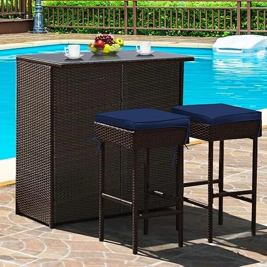 Tangkula Patio Bar Set, 3 Piece Outdoor Rattan Wicker Bar Set with 2 Cushions Stools & Glass Top Table, Navy & Off White Cover, Outdoor Furniture Set for Patios Backyards Porches Gardens Poolside