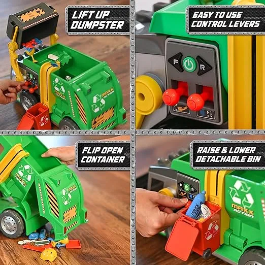 Large Friction Powered 19" Maxx Action Garbage Truck Toy Set with Lights and Sound Includes Dumpster, Trash Bin and Miniature Trash Pieces for Kids