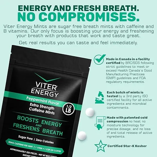 Viter Energy Extra Strength Caffeinated Mints 80mg Caffeine, B Vitamins, Sugar Free. (Peppermint, 8oz, Bulk Bag)