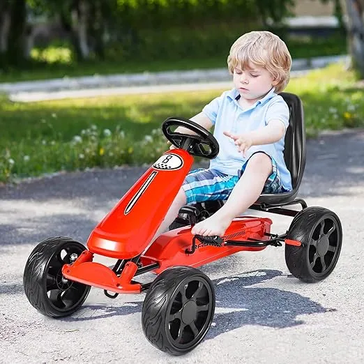 Costzon Pedal Go Kart, 4 Wheel Powered Ride On Toy, Pedal Car with Ergonomic Adjustable Seat, Handbrake, Non-Slip Rubber Wheels, Go Kart for Kids 2-5, Gift for Boys Girls (Red)