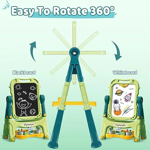 deAO Art Easel Toys for Kids, 4-in-1 Double Magnetic Drawing Board Adjustable Standing Rotatable Sidewalk Chalk with Painting Writing Accessories, Easel Toys Birthday Gifts for Girls Boy (Green)