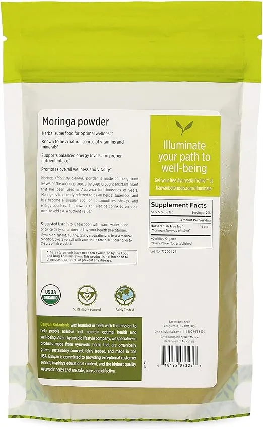 Banyan Botanicals Moringa Leaf Powder - USDA Certified Organic - Moringa Oleifera - Sun Dried - Raw Herbal Superfood - Natural Energy Boost for Optimal Wellness *