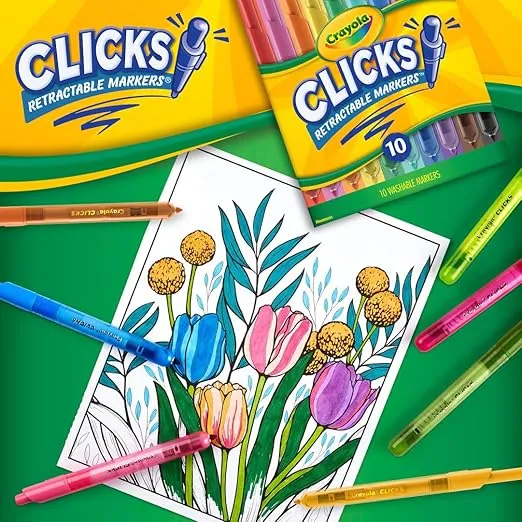 Crayola Clicks Retractable Tip Markers (10ct), Washable Art Marker Set, Coloring Markers for Kids, Stocking Stuffer for Kids, 3+